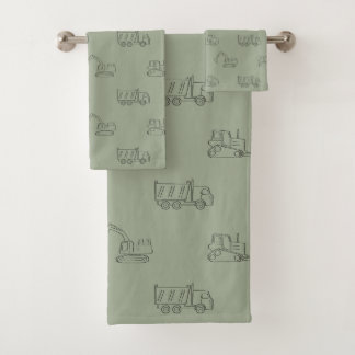 Construction Vehicles Builder Boy Truck Sage Green Bath Towel Set