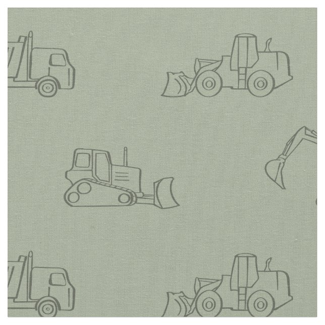 Construction Vehicles Builder Boy Truck Sage Green Fabric (Close Up)