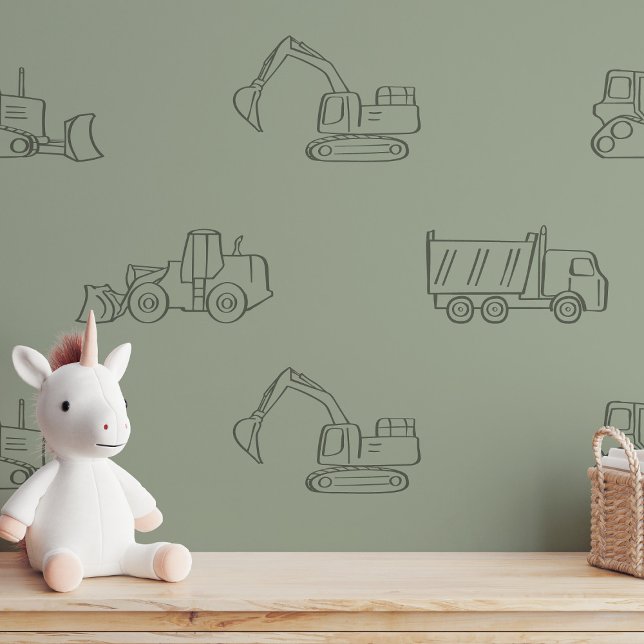 Construction Vehicles Builder Boy Truck Sage Green Wallpaper (Creator Uploaded)