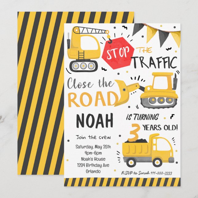 Construction Vehicles Dump Truck Birthday Invite (Front/Back)