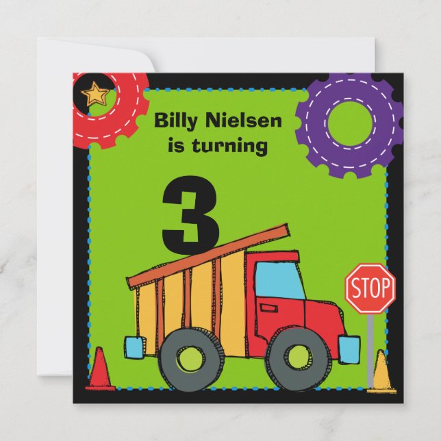 Construction Vehicles Dump Truck Birthday Invites (Front)