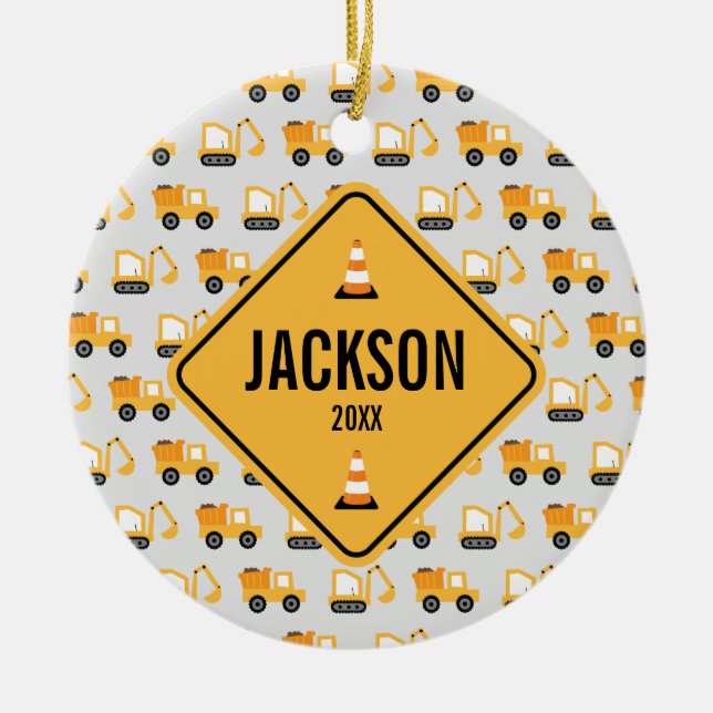 Construction Vehicles Dump Truck & Digger  Ceramic Tree Decoration (Front)