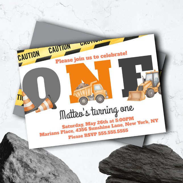 Construction Vehicles First Birthday Dump Truck Invitation (Creator Uploaded)