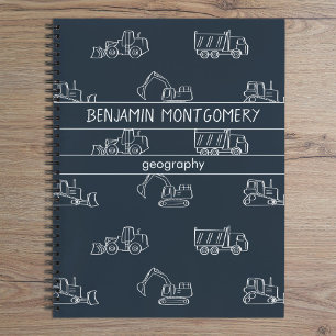 Construction Vehicles School Boys Name Dark Blue Notebook