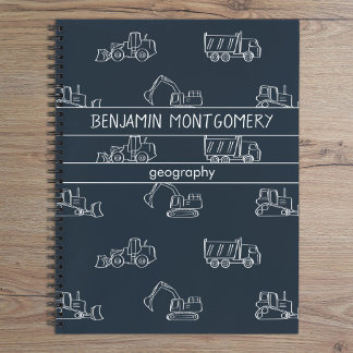 Construction Vehicles School Boys Name Dark Blue Notebook