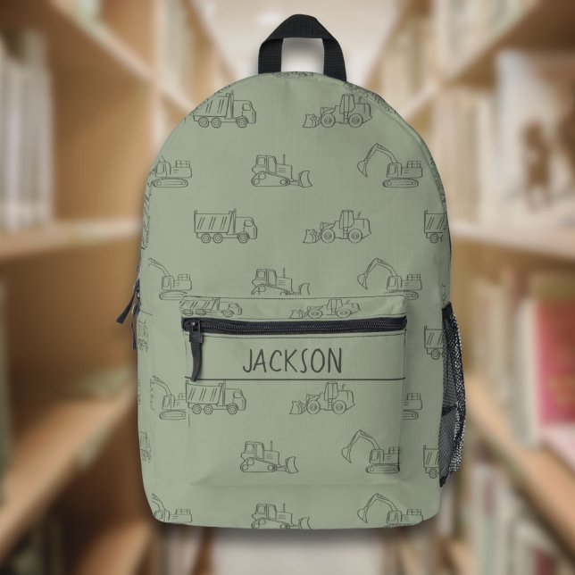 Construction Vehicles School Boys Name Sage Green Printed Backpack (Creator Uploaded)