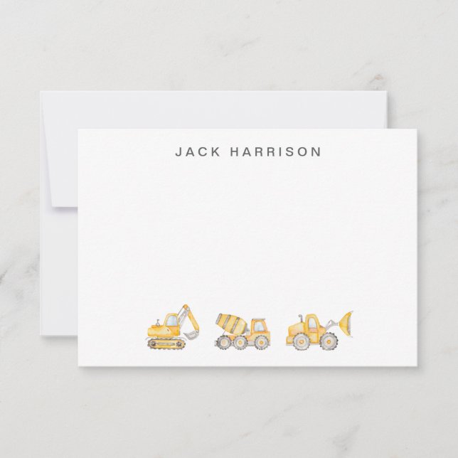 Construction Vehicles Watercolor Boys Monogrammed Card (Front)