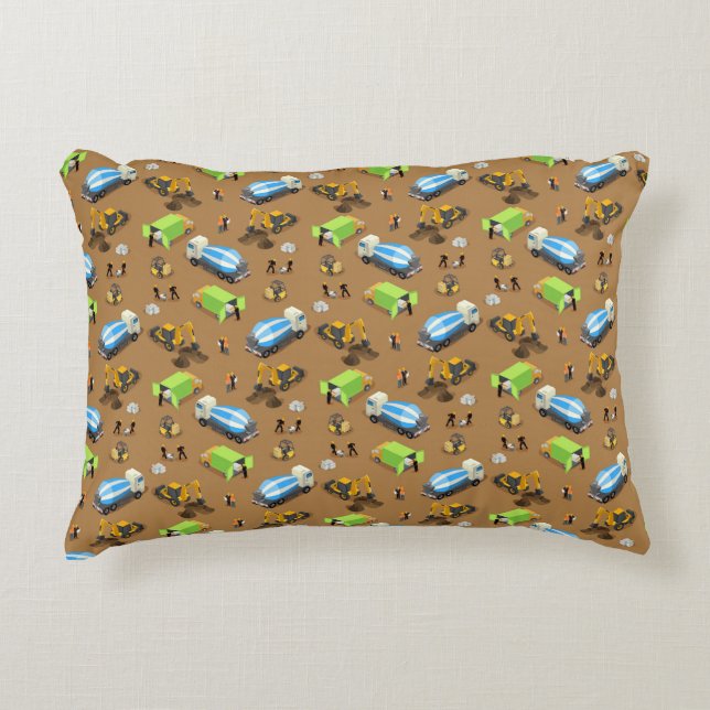Construction Vehicles & Workers Pattern Throw Pill Decorative Cushion (Front)