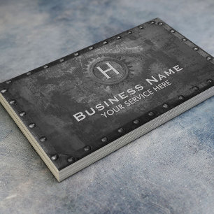 Construction Vintage Monogram Rusty Black Metal Business Card