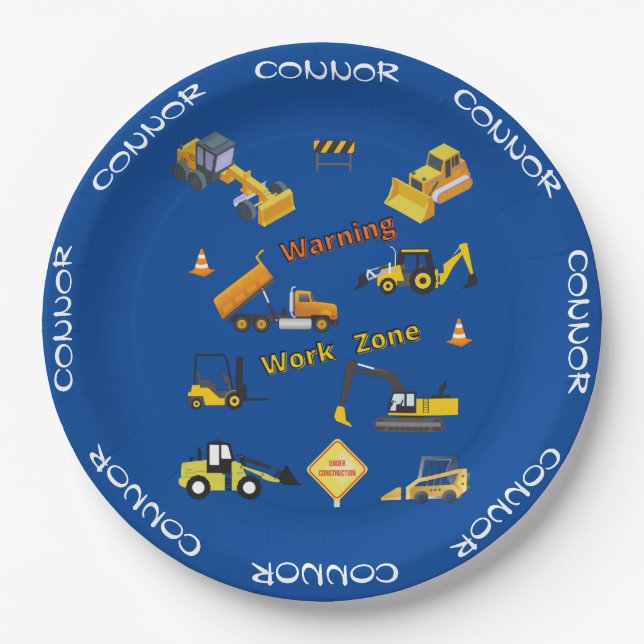 Construction Warning Work Zone Personalised Paper Plate (Front)