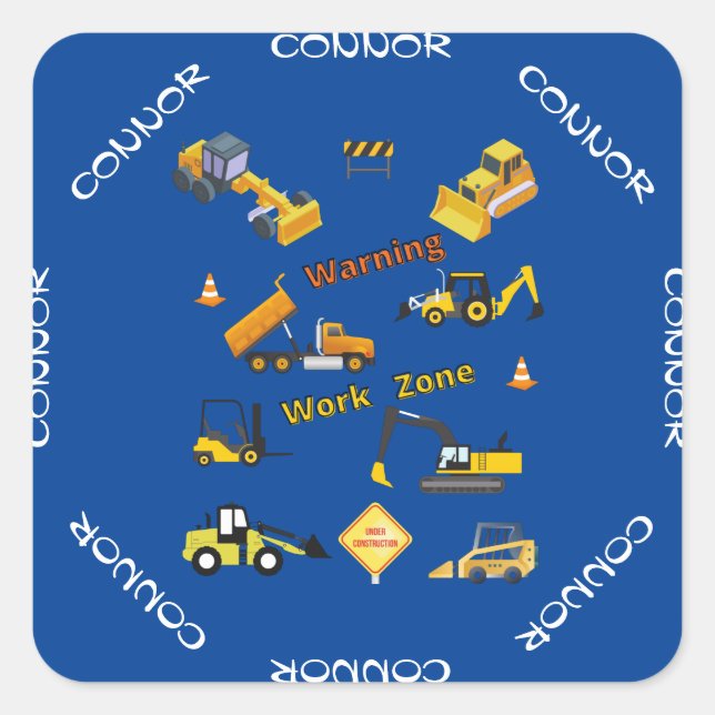 Construction Warning Work Zone Personalised Square Sticker (Front)