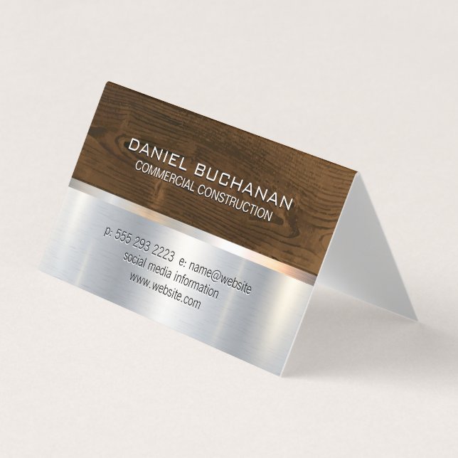 Construction | Wood Metallic Background Business Card (Front)