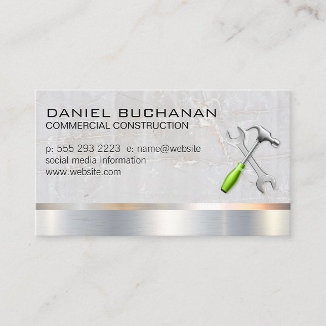Construction | Wood Metallic | Wrench Hammer Business Card (Front)