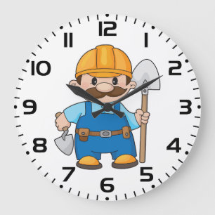 Construction Worker Builder with Shovel Large Clock