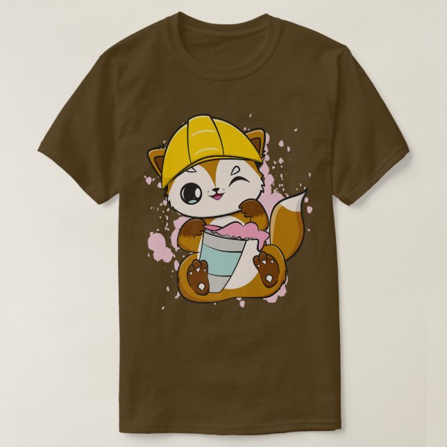 Construction Worker Fox Drinks Bubble Tea For Boba T-Shirt (Design Front)