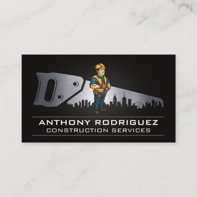 Construction Worker | Hand Saw City Logo Business Card (Front)