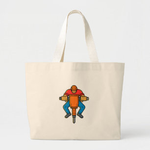 Construction Worker Jackhammer Mono Line Art Large Tote Bag