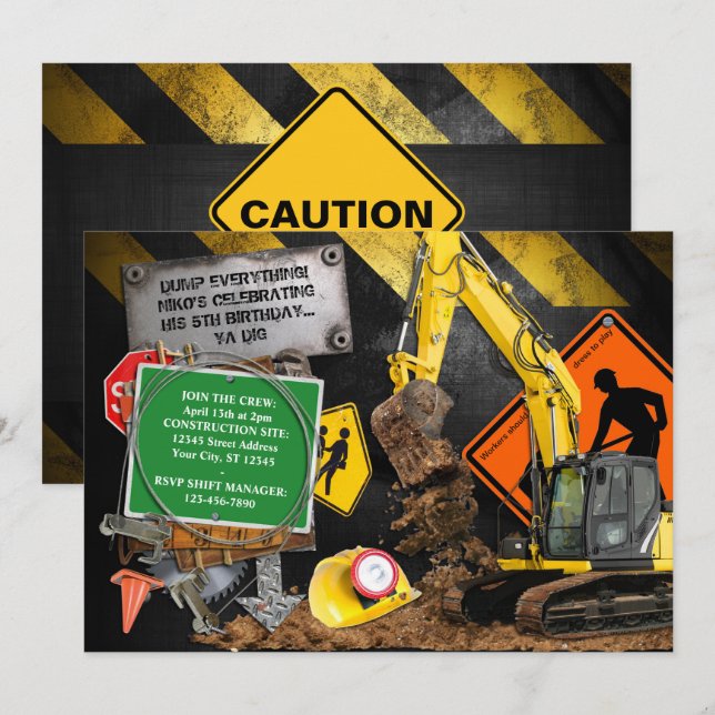 Construction Worker Party Invitation (Front/Back)