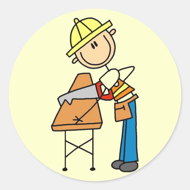 Construction Worker Sawing Board Classic Round Sticker (Front)