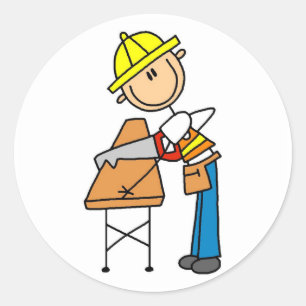 Construction Worker Sawing Board Classic Round Sticker