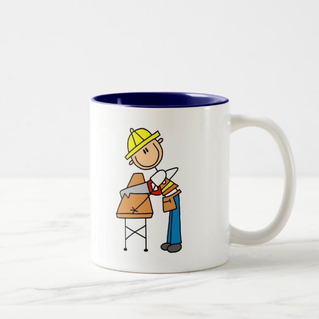 Construction Worker Sawing Board Two-Tone Coffee Mug (Right)