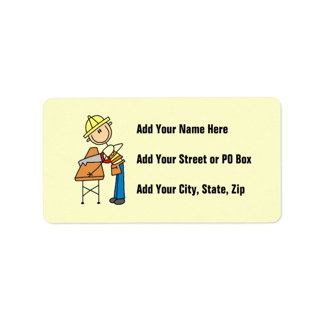 Construction Worker Sawing Lumber Gifts Label (Front)