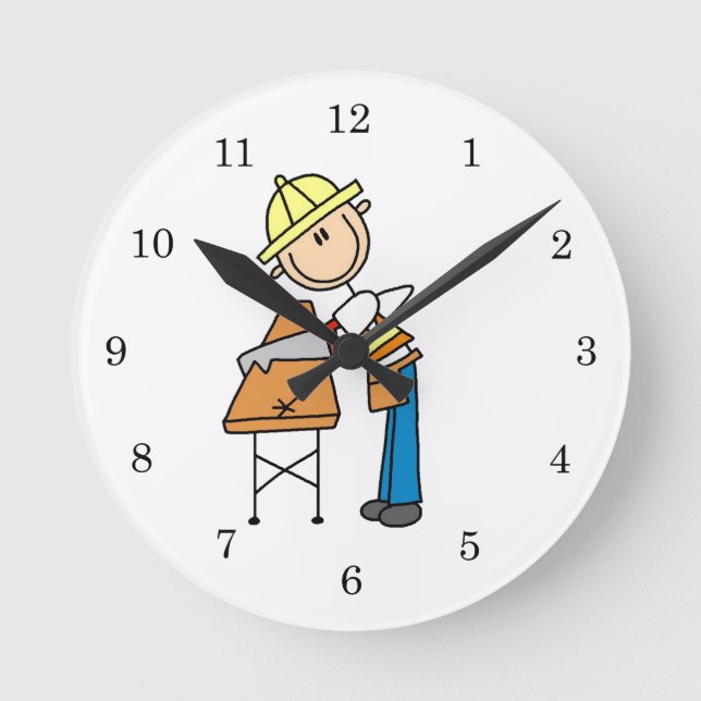 Construction Worker Sawing Lumber Gifts Round Clock (Front)