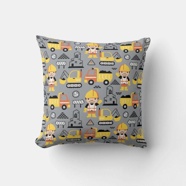 Construction Worker Tipper Truck Digger Pattern Cushion (Front)