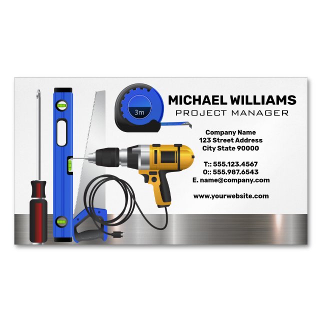 Construction Worker Tools | Project Manager Magnetic Business Card (Front)