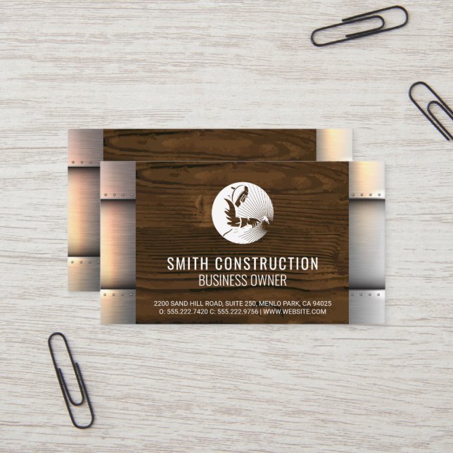 Construction Worker Welding | Metal Rivets Wood Business Card (Front/Back In Situ)