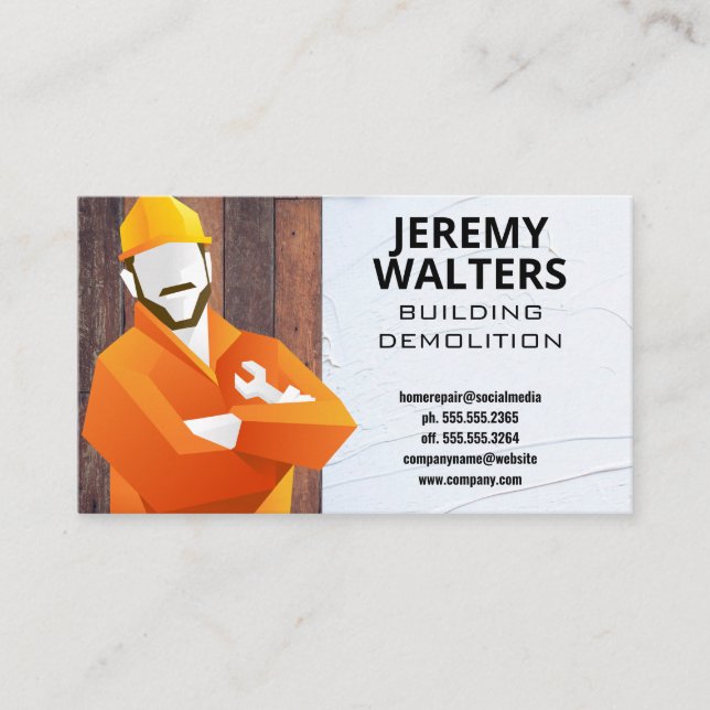 Construction Worker with Wrench | Wood Spackle Business Card (Front)