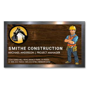 Construction Worker   Wood and Metal Background  Magnetic Business Card