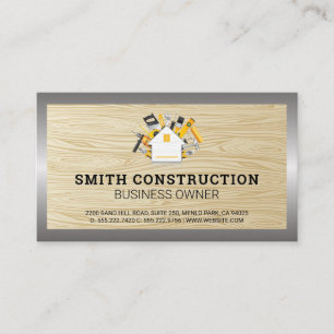 Construction Worker   Wood Grain Background Business Card