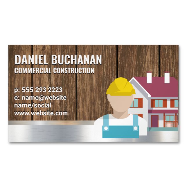 Construction Worker | Wood Metallic Background Magnetic Business Card (Front)