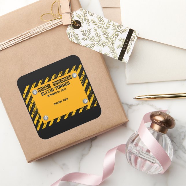 Construction Yellow & Black Baby Shower Square Sticker (Gifting)