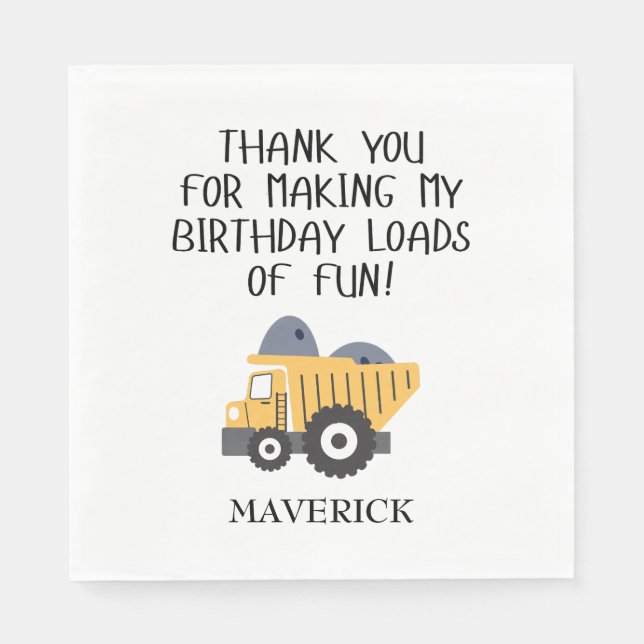 Construction Yellow Boys Dump Truck Birthday Napkin (Front)