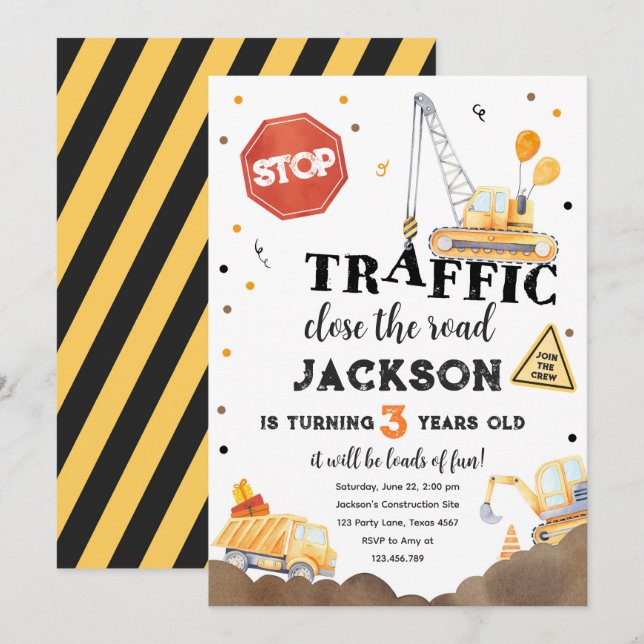 Construction Yellow Dump Truck Boy Birthday Invitation (Front/Back)