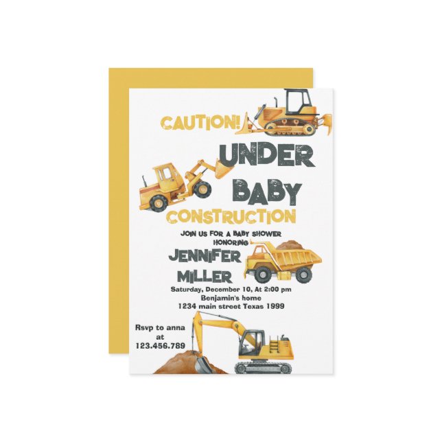 Construction Yellow Dump Truck Digger Baby Shower Invitation (Front/Back In Situ)