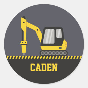 Construction Yellow Excavator Breaker Kids Name Classic Round Sticker