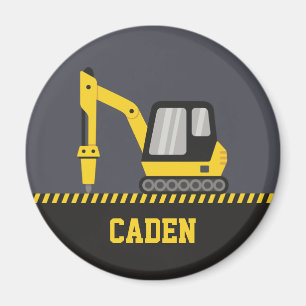 Construction Yellow Excavator Breaker Kids Name Magnet