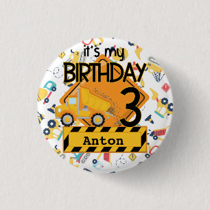 Construction yellow trucks car 3rd birthday  3 cm round badge