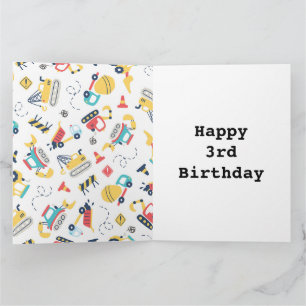 Construction yellow trucks car 3rd birthday  card