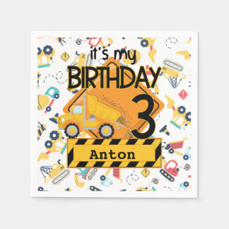 Construction yellow trucks car 3rd birthday  napkin