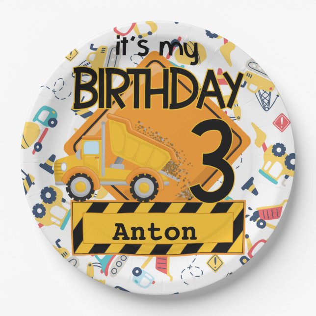 Construction yellow trucks car 3rd birthday  paper plate (Front)