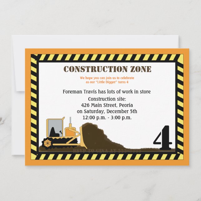 Construction Zone Backhoe Boys Birthday Invite (Front)