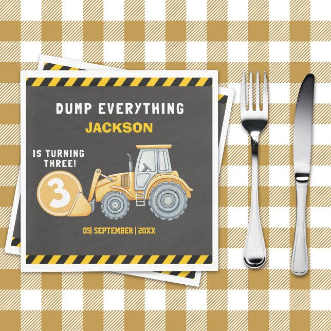 "Construction Zone Party – Dump Truck 3rd Birthday Napkin (Creator Uploaded)