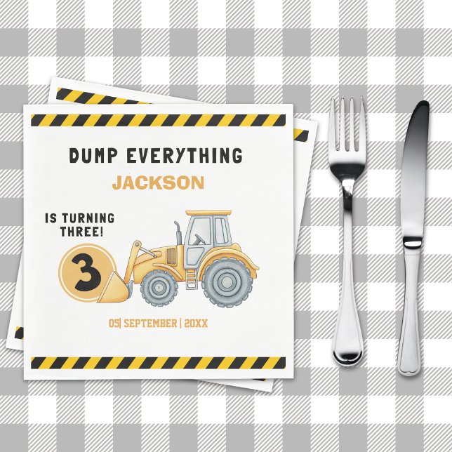 "Construction Zone Party – Dump Truck 3rd Birthday Napkin (Creator Uploaded)