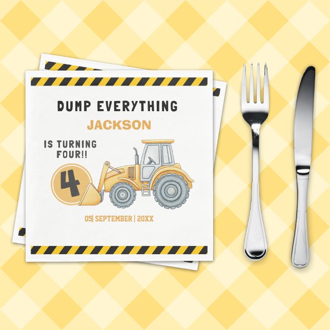 "Construction Zone Party – Dump Truck 4th Birthday Napkin (Creator Uploaded)