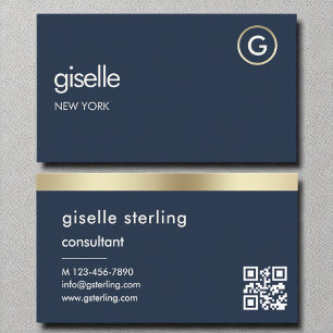 Consultant Navy Blue QR Code Gold Monogram Business Card