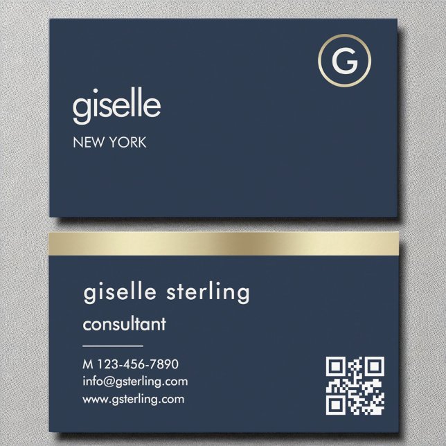 Consultant Navy Blue QR Code Gold Monogram  Business Card (Creator Uploaded)